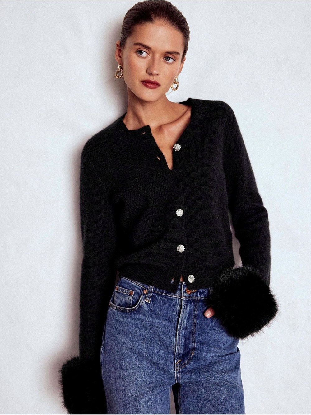 Boden Jewelled Button Cardigan M Black Faux Fur Cuff Coquette Luxury Aesthetic